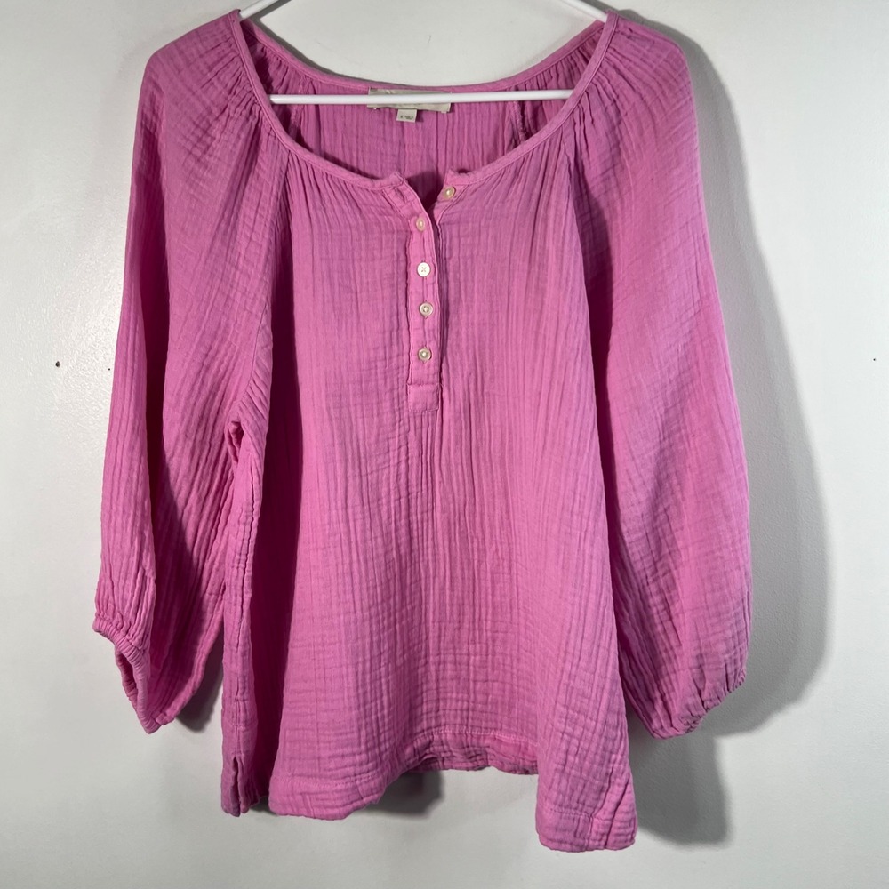 LOFT Pink Cotton Double Gauze Henley Blouse Long Sleeve Size S